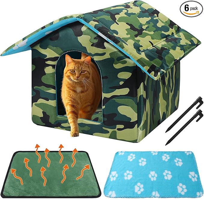 Outdoor Cat House Weatherproof Insulated Feral Cat Shelter Self Heating Pet House with Self Warming Pad Blanket Stake Winter Camouflage Collapsible Pet Shelter 14" x 13" x 12" (S Size)
