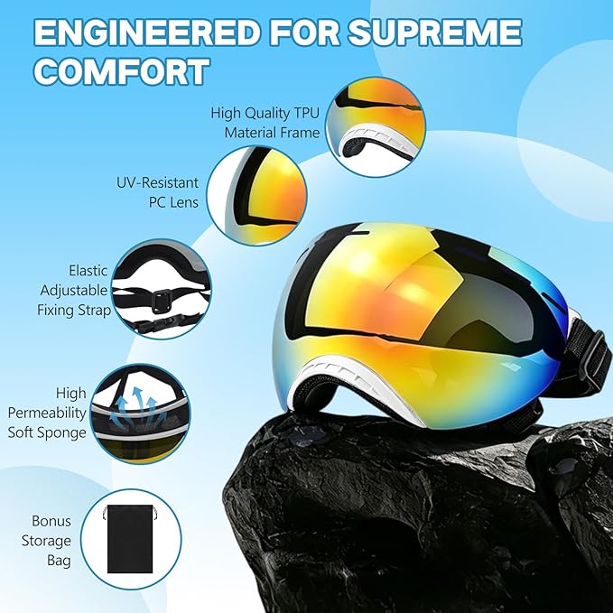 Dog Goggles for Medium to Large Breeds, Stylish Pet Sunglasses with Rainbow PC Lens, Soft TPU Frame & Adjustable Straps, Windproof Dustproof UV Protection Eyewear for Outdoor Riding Hiking (White)