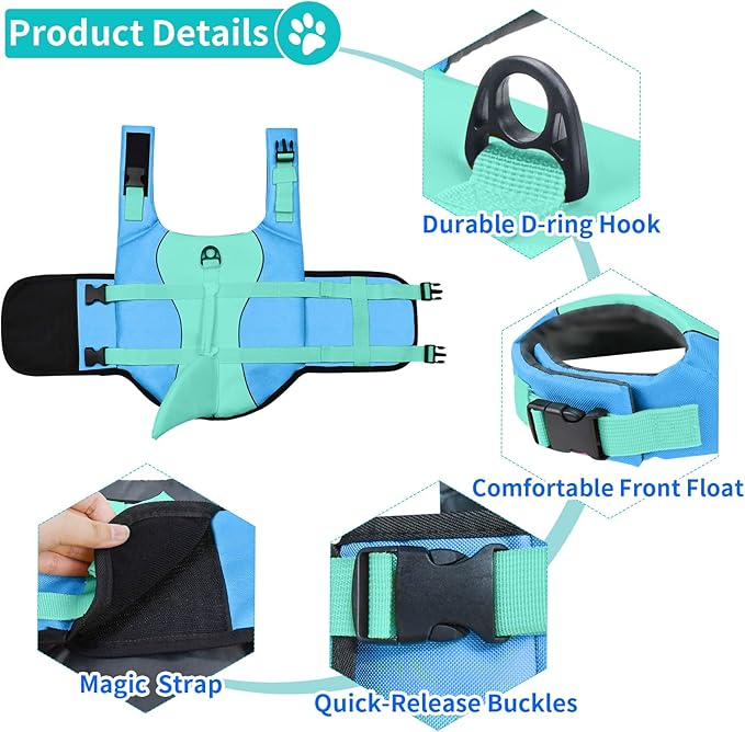 Malier Dog Life Jacket, Ripstop Dog Life Vest with High Buoyancy for Swimming Boating, High Visibility Shark Puppy Lifesaver for Small Medium Large Dogs (X-Large)