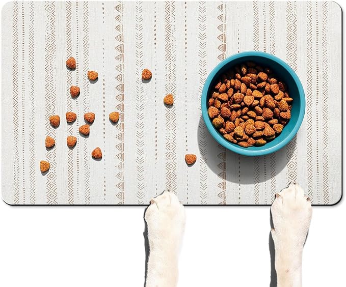 Moroccan Stain Dog Food & Water Mat, Boho Pet Feeding Mat for Floor Non-Slip Waterproof, Super Absorbent Cat Bowl Mat, Easy to Clean Durable Pet Placemat,12" × 20"