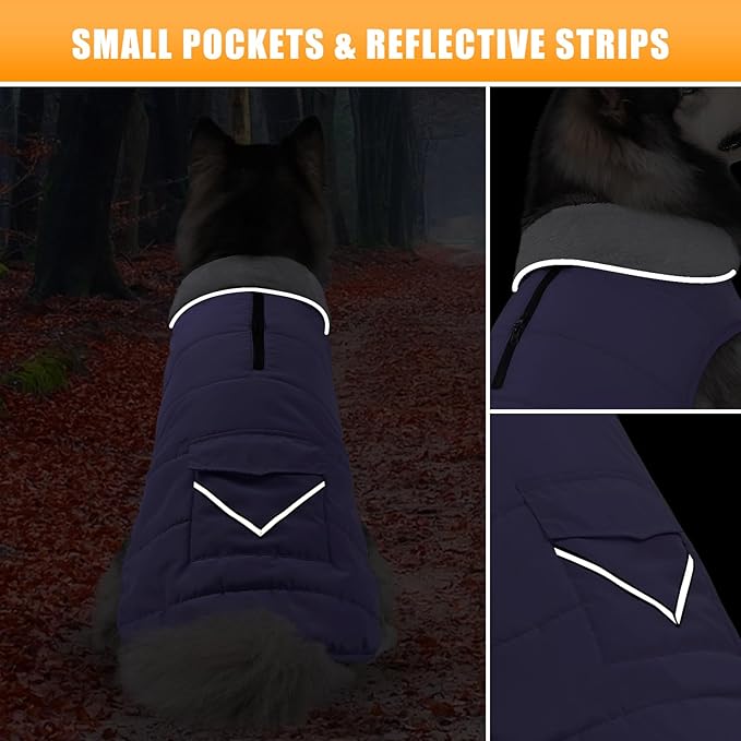 Dog Winter Jacket for Extra Large Dogs, Easy on 3XL Dog Snow Coat Velcro Waterproof Pet Puffer Clothes with Harness Hole Adjustable Reflective Quilted Pet Cold Weather Vest for Girl Female