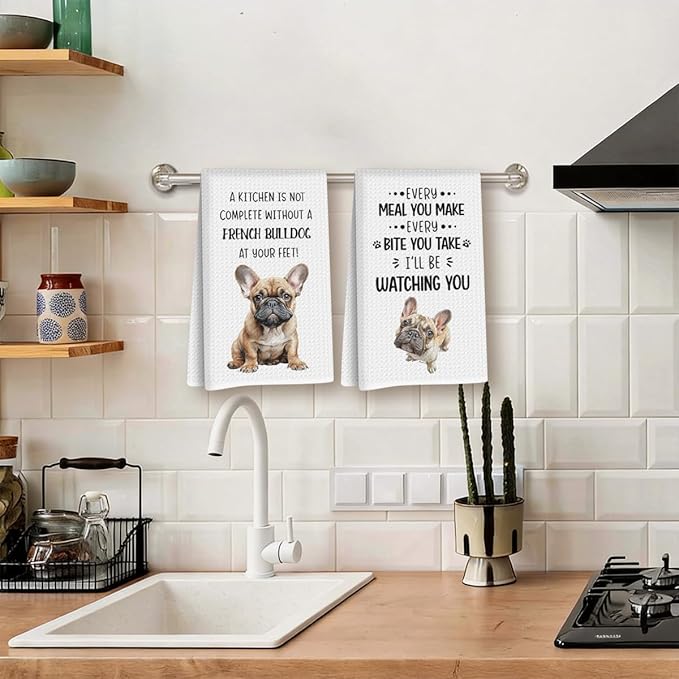 2Pcs French Bulldog Kitchen Towels 24x14 Inch, French Bulldog Gifts for Woman Mom, Reusable Waffle Weave Microfiber Absorbent Hand Tea Dish Towels for Kitchen Bathroom Decor, Dog Lovers Gifts