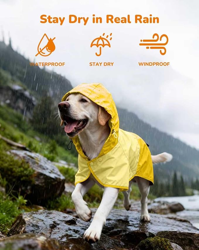 Waterproof Dog Raincoat with Hood, Extended Coverage Rain Jacket for Large Dogs, Wind-Resistant Secure Fit with Leg Straps, Reflective, Leash Hole, Easy Hook & loop fastener On/Off, Yellow, XXL
