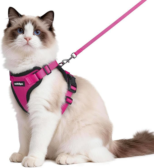 rabbitgoo Cat Harness and Leash Set, Escape Proof Vest Harness for Safe Outdoor Walks, Soft Breathable Adjustable Vest with Reflective Strips for Average to Large Cats, Rose Red, M