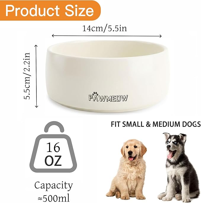 Ceramic Dog Bowl | 5.5inch Dog Bowl, Spill Proof, Non-Slip Pet Feeding Bowl for Small & Medium Breed(16 oz) (White, 5.5inch)