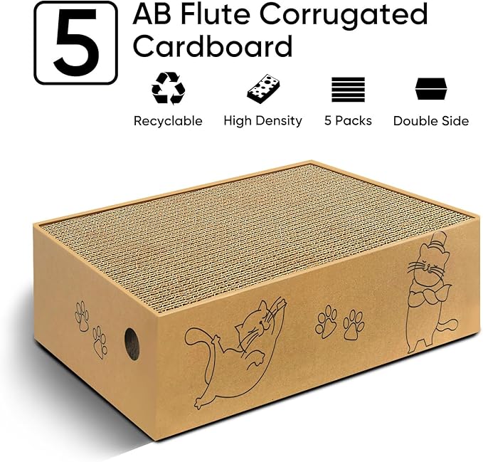 5 Packs Cat Scratcher Set with Storage Box, 2 Wave Lounge Pads + 3 Flat Corrugated Cardboard Scratch Pads for Indoor Cats, Replaceable Scratch Boards to Protect Furniture