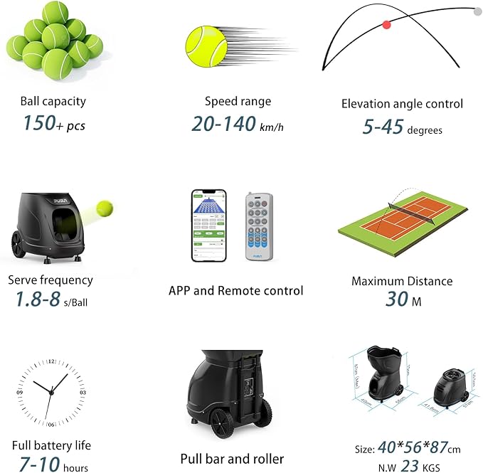 PT-9001 Programmable Variable-Speed Tennis Ball Machine | APP & for Apple Watch Control (12 Modes), MAX 140KM/H, 10Hr Battery, 6-Level Spin, 150-Ball Capacity — for Clubs & Advanced Players