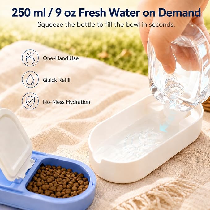Portable Pet Bowl with Water Bottle and Food Container | Leak-Proof Collapsible Dog Cat Travel Feeder for Outdoor Adventures, Hiking, and Camping (Blue)