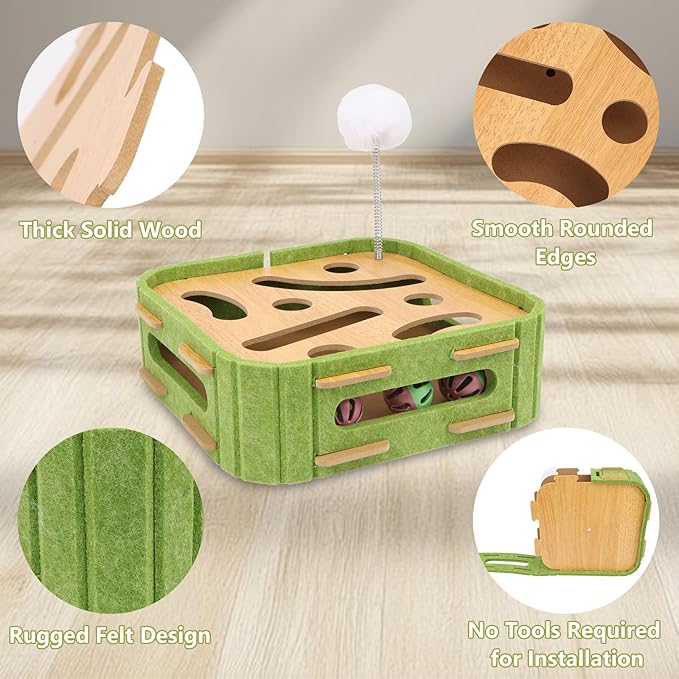Hypeety Interactive Cat Scratch Puzzle Box Wooden Enrichment Toy Intelligence Treat Kitten Maze Puzzle Toy with Jingle Balls and Wands Mental Stimulation Games for Bored Indoor Cats