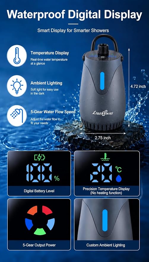 LIBERRWAY Portable Shower for Camping, 8000mAh Rechargeable Camping Shower Pump with LED Display&Ambient Light, 5 Pressure Modes, IPX8 Waterproof, Outdoor Shower Kit for Hiking,Travel, Car, Pet