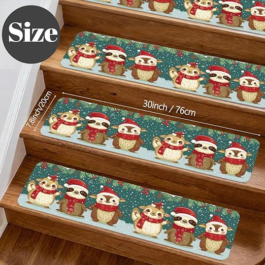 Animal Cute Sloth Christmas Stair Treads for Wooden Steps Indoor Washable Staircase Carpet 15PCS 30"x7.8" Stair Step Treads Non-Slip Staircase Covers Peel and Stick Safety Mat for Kids Elders Pets