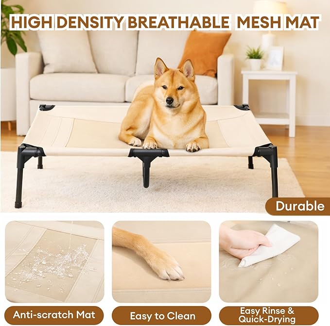 FUNNY FUZZY Elevated Dog Bed with Canopy, Small (24"x18"x7") – Outdoor Raised Dog Cot with Shade, Cooling Breathable Mesh Pet Bed, Portable Waterproof Dog Camping Bed for Large Medium Small Dogs,Khaki