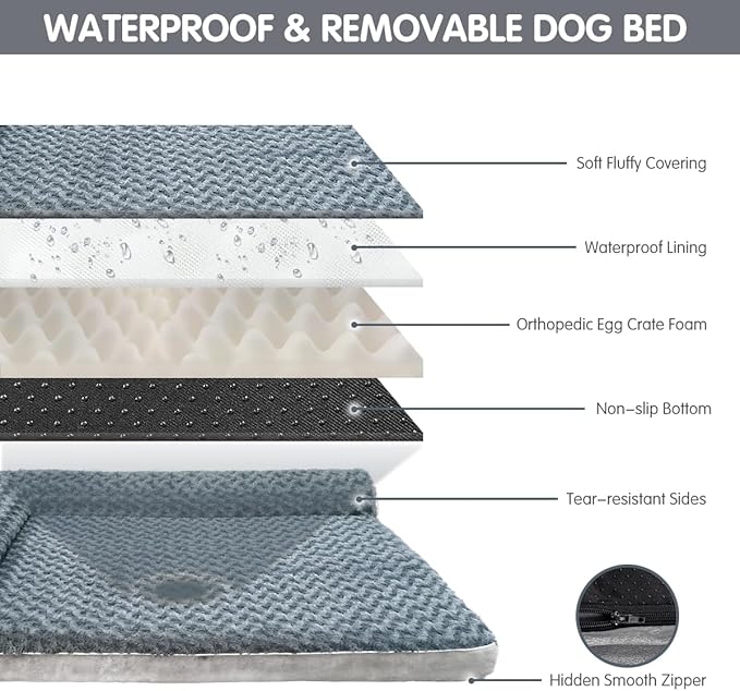 Orthopedic Dog Bed with Pillows, Large Memory Foam Dog Bed Sofa for Medium Large Dogs, Waterproof Washable Cover, Non-Slip Bottom, 42x30x7.5 Inch Supportive Pet Bed Couch, Blue Grey
