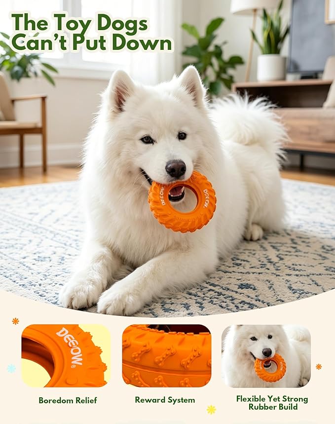 Deeow Orange Tire Dog Chew Toy, Natural Rubber Puppy Teething Ring for Dental Care, Soft Durable Pet Toy for Small Medium Dogs, Indoor Outdoor Fetch Toy for Teething, Anxiety Relief & Boredom Buster