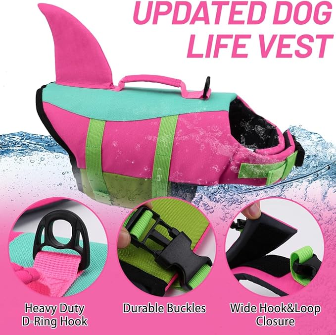 EMUST Dog Life Jacket Shark, Dog Life Vests for Small, Middle, Large Dogs with Rescue Handle Pet Flotation Vest Safety Lifesaver for Swimming Pool Beach Boating, (S,PinjiePink)