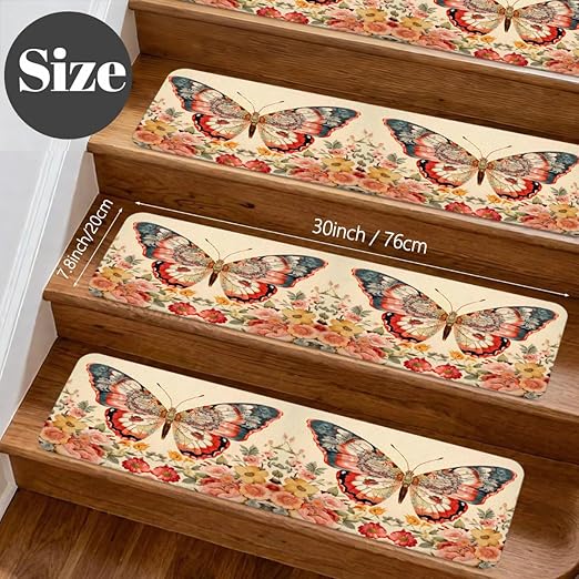 Animal Butterfly Flower Colorful Stair Treads for Wooden Steps Indoor Washable Staircase Carpet 10PCS 30"x7.8" Stair Step Treads Non-Slip Staircase Covers Peel Stick Safety Mat for Kids Elders Pets