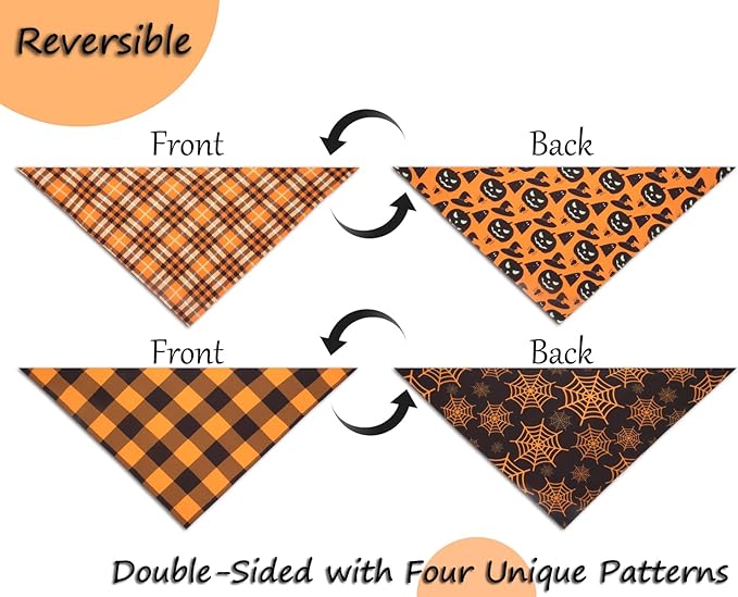 Fall Dog Bandanas 2PCS-Small,Halloween Dog Bandana,One Side Orange Plaid,The Other Side Pumpkin or Spider Web Bibs,Holiday Pet Scarf for Boy and Girl Dogs,Thanksgiving Pet Outfit for Small Dogs Cats