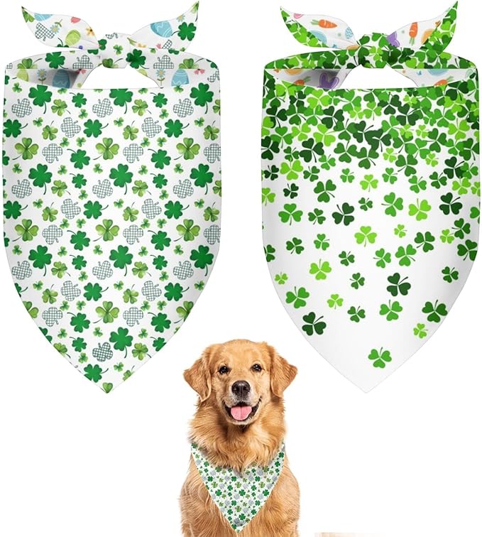 St. Patrick's Day Dog Bandana Reversible 2 Pack, St. Patricks Day Pet Bandanas for Dogs Lucky Shamrock Adjustable Triangle Holiday Scarves for Medium Large Extra Large Boy Girl Dogs