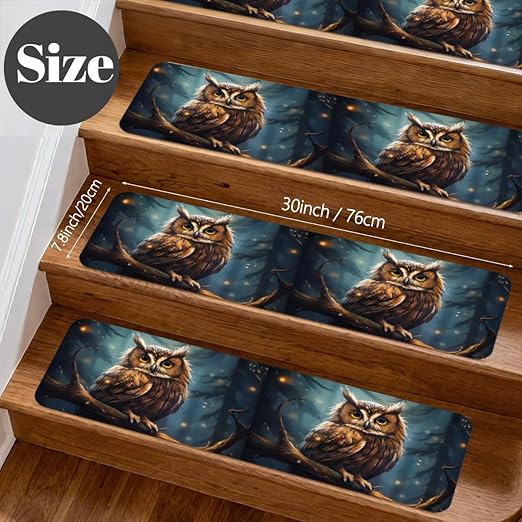 Animal Forest Owl Stair Treads for Wooden Steps Indoor Washable Staircase Carpet 1PCS 30"x7.8" Stair Step Treads Non-Slip Staircase Covers Peel and Stick Safety Mat for Kids Elders Pets