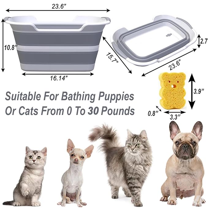 Multi-Functional Collapsible Dog Bathtub with Brush,Drainage Hole, 7.1 Gal/27L Portable Laundry Basket, Foldable Small Pets Bathtub, Bathing Tub for Puppy Small Dog Cat (Grey)