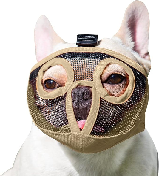 Short Snout Dog Muzzles- Adjustable Breathable Mesh Bulldog Muzzle for Biting Chewing Licking Training Grooming Dog Mask (Khaki, X-Large/ 18"-25")
