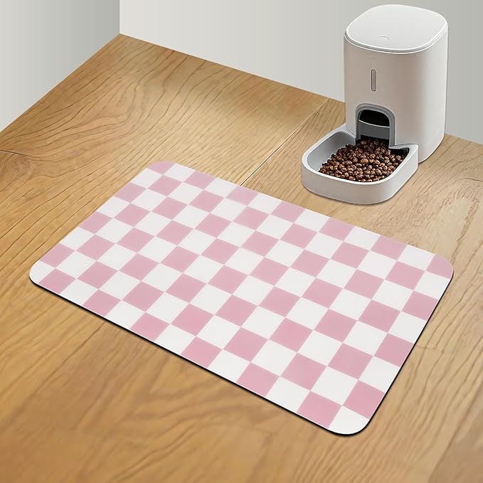 CooRug Checkered Dog Food Mat, Absorbent Leak-Proof Pet Feeding Mat, Quick Dry Cat Food Mat for Messy Drinkers 12" x 20" Pink