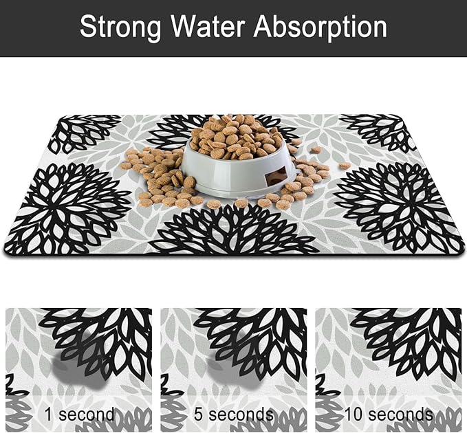 Dog Food Mats for Floors, Absorbent and Quick-Drying Pet Cat Food Mat,Anti-Fouling and Easy-to-Clean Pet Feeding Mat,Dog Bowl Mat for Messy Drinking Water Bowls.17x32, Bohemia Dahlia Floral Style