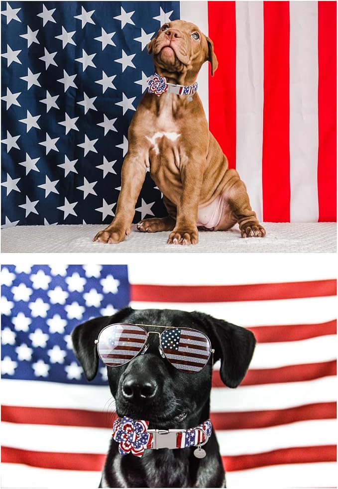 Dog Collar with Flower, 4th of July Comfortable Cotton Dog Collar, American Flag Collar for Puppy Girl Dog or Cat, Patriotic Flower Collar with Metal Buckle, XS