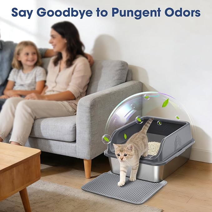 Small Stainless Steel Litter Box with Lid for Kitten, Metal Cat Litter Boxes High Sided Enclosed for Injured Cats and Rabbit, Anti-Urine Leakage | Non-Stick Bottom & Includes Scoop