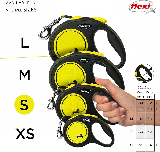 FLEXI New Neon Tape Retractable Dog Leashes for Small Dogs Upto 33 lbs. – 16 ft., Neon Yellow/Black | Tangle Free Pet Walking Leash with One-Handed Brake, Pause, Lock | German Quality Product