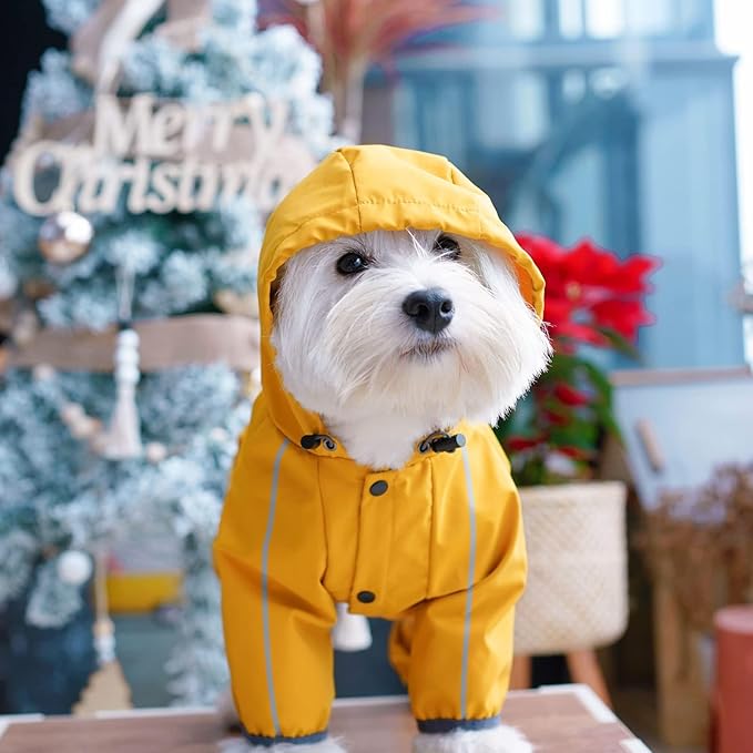 Dog Raincoat, Waterproof Dog Rain Jacket with Hood, Rain Coat with Leash Hole, Reflective Strap for Small Medium Dogs, Outdoor Adventures/Walking Lightweight Puppy(Yellow,XS)