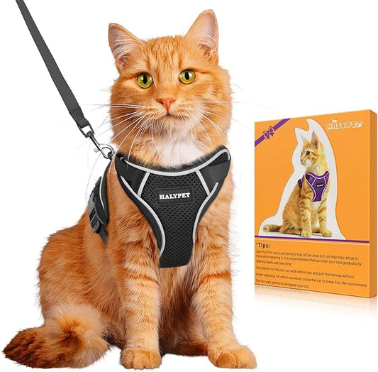 Halypet Cat Harness and Leash Set [MAX Safety 4th-Gen Upgrade] Escape Proof Adjustable Cat Leash Comfortable Soft Vest Easy to Wear Kitten Harness with Reflective Strip for Cats Walking, M Black