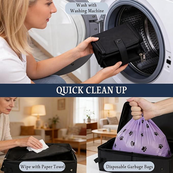 Portable Cat Litter Box, Foldable Cat Travel Litter Box with Zipped Lid and Free Litter Scoop, Bag, Roller,No Smell, Waterproof, Leak-Proof, Easy to Use in Hotels and Other Outdoor Use(Black)