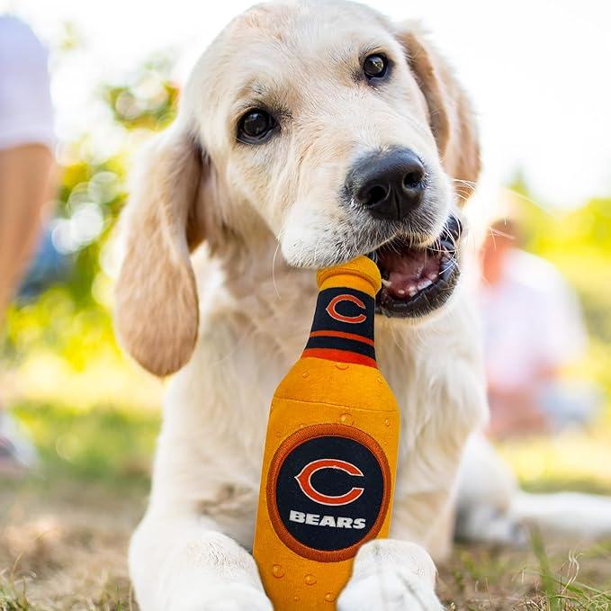 Pets First NFL Chicago Bears Beer Bottle Plush Dog & CAT Squeak Toy - Cutest Stadium SODA Bottle Snack Plush Toy for Dogs & Cats with Inner Squeaker & Beautiful Football Team Name/Logo