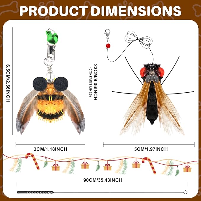 Walfront Cat Toys for Indoor Cats— Realistic Insect Wand with Replaceable Bee & Fly Heads, Flexible Steel Rod, Indoor Cat Toy for Kittens & Adult Cats, Boredom Relief & Bonding Play