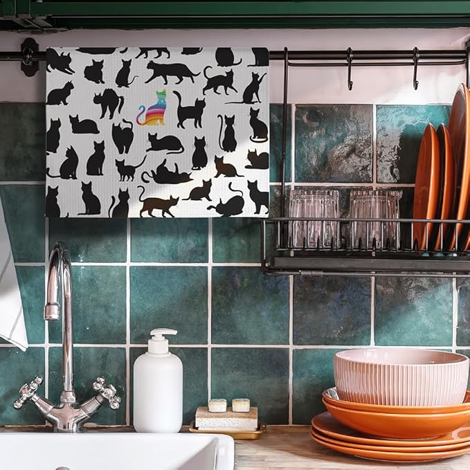 Funny Kitchen Towels - Rainbow Prismatic Feline Centerpiece Among Midnight Cat Flock, Empowering Decorative Hand Towel for Unique Cat Ladies & Nonconformist Pet Moms | Quick-Dry Novelty Dish Cloth