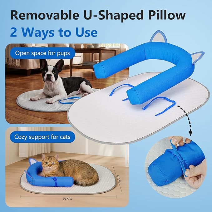 Cat Cooling Mat with Soft U-Shaped Pillow– Breathable Calming Cooling Pad for Cats– Portable Washable Summer Cooling Cat Bed for Indoor Or Travel Use,Blue Cat