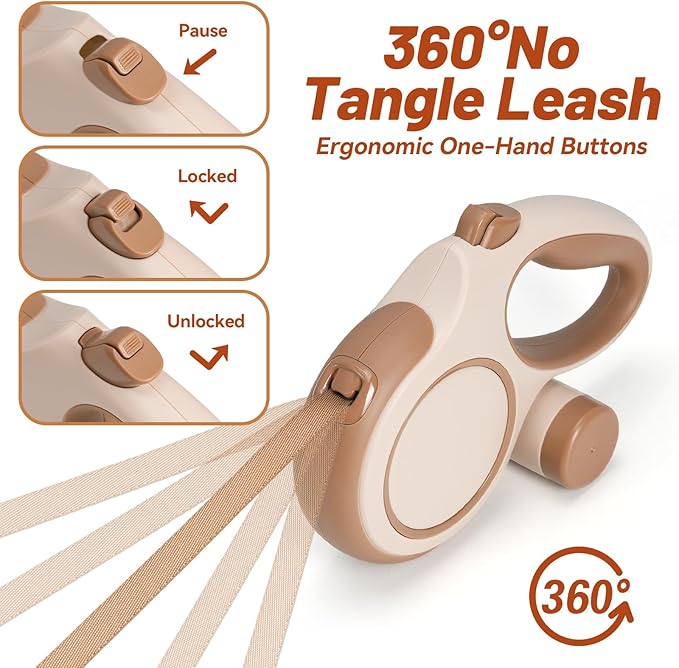 26ft Heavy Duty Retractable Dog Leash for Large Dogs, Dog Leash with Poop Bag Holder, Up to 100lbs, Chew Proof Cable, One-Handed Pause & Lock, 360° No Tangle. (26 ft, Brown)