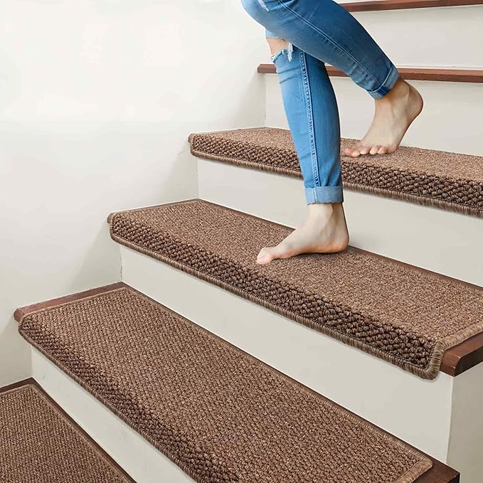 Brakki Bullnose Carpet Stair Treads, Non Slip Stair Treads for Wooden Steps Indoor, Stair Runner, Soft Stair Rugs for Pets, Edging Stair Protectors, Washable, 29.5"x9.5"x1.5" 7pcs, Camel Brown