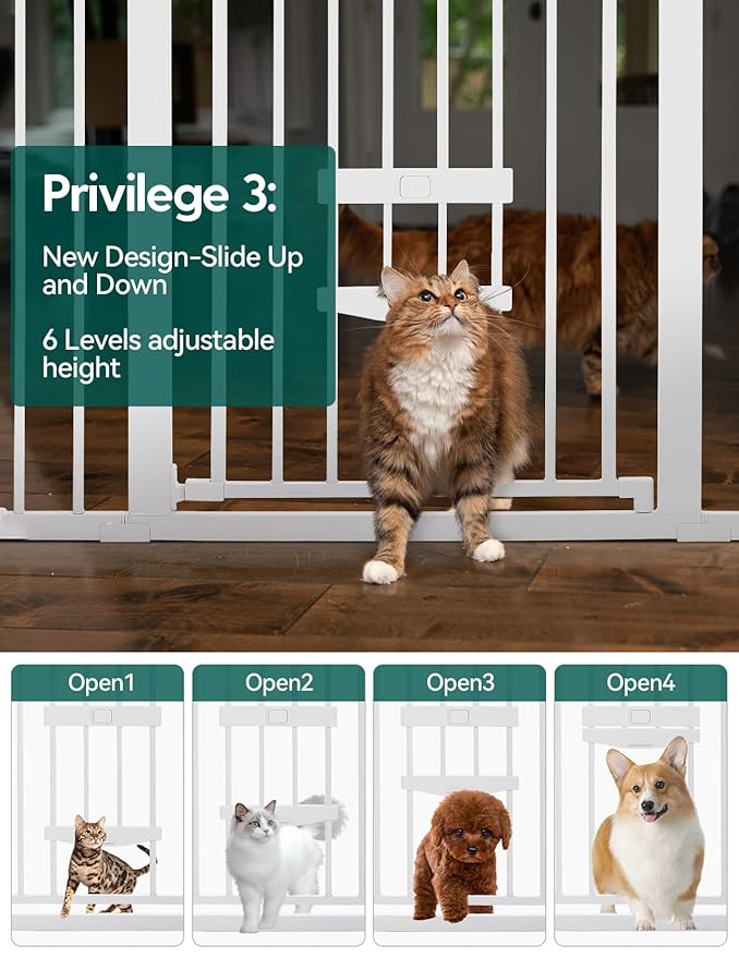 Babelio 29-48" Extra Wide Baby Gate with Cat Door, Auto Close Metal Pet Door for Stairs, Doorways, House, Pressure/Hardware Mounted, Easy Walk Thru, White