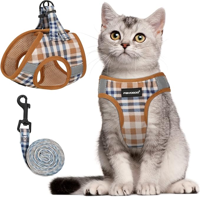FAYOGOO Cat Harness and Leash Set (BrownBlueplaid, M(Chest 10-12"))