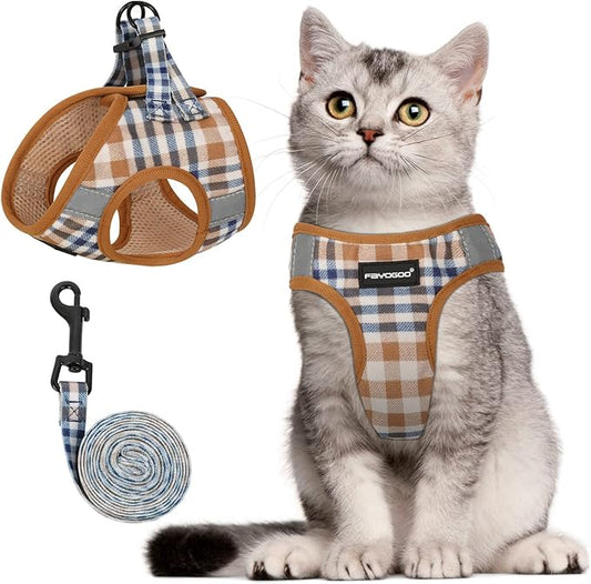 FAYOGOO Cat Harness and Leash Set (BrownBlueplaid, M(Chest 10-12"))