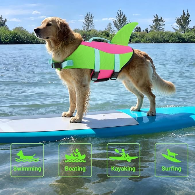 EMUST Dog Life Jacket for Large Dogs, Ripstop XL Pet Float Vest with Rescue Handle for Water at Pool, Beach, Boating (XL,Green)