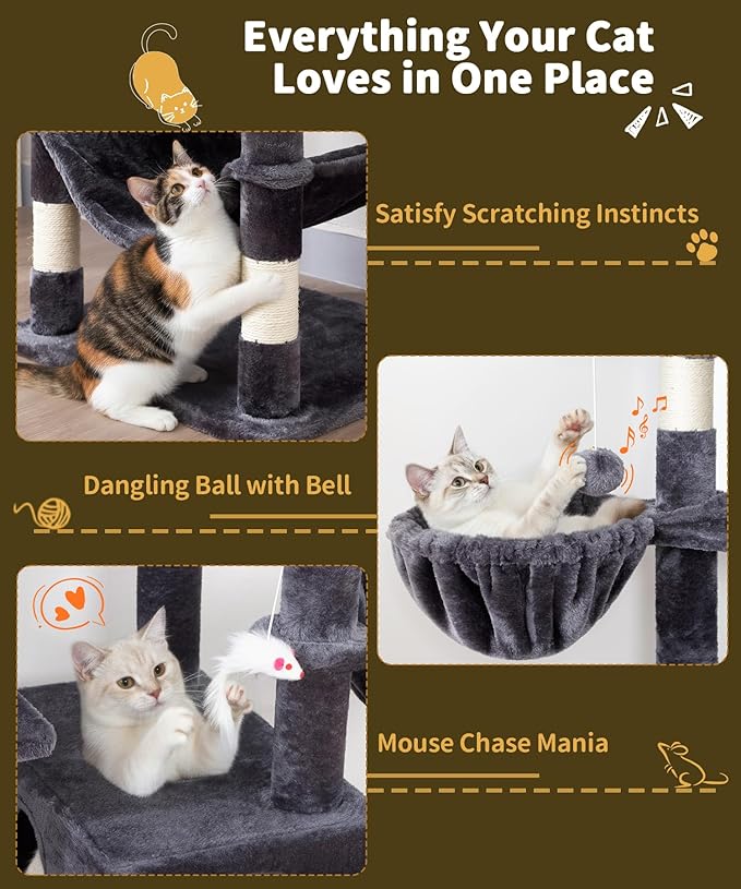 AMHANCIBLE 70 Inch Cat Tree for Large Cats, Multi-Level Cat Tower Condo with 2 Houses & Hammock for Indoor Cats, Tall Heavy Duty Kitty Playhouse, Dark Grey, PT18DG