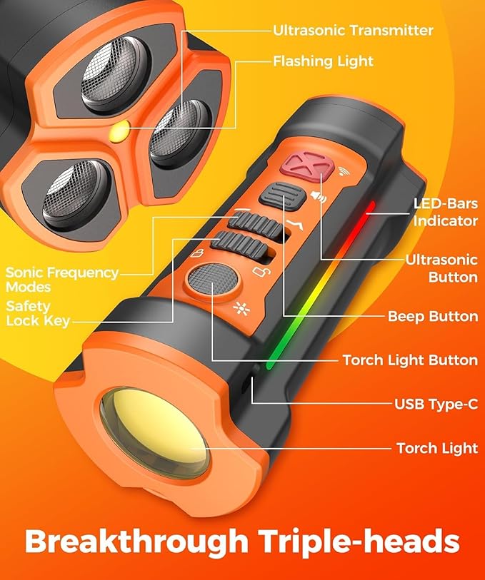 Ultrasonic Dog Bark Stopper, Three-Sensor Bark Control with Sound, Light, and Beep Functions, Ideal for Dog Owners with Reactive Pets, 33 Feet Reach, 2000mAh Battery, USB Type-C Port