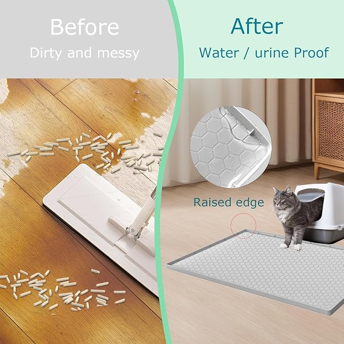 Cat Litter Mat, Silicone Large Cat Mat for Litter Box - 34x22 in, Waterproof & Non-Slip, Durable & Easy Clean, Light Grey