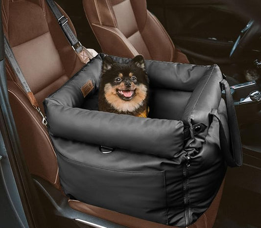 FUNNYFUZZY Luxury Dog Car Seat for Small Medium Dogs Under 35 lbs, Waterproof Leather Pet Booster Seat with Safety Leash & Anti-Slip Base, Fully Padded Dog Car Bed, Portable Puppy Carrier(Black)