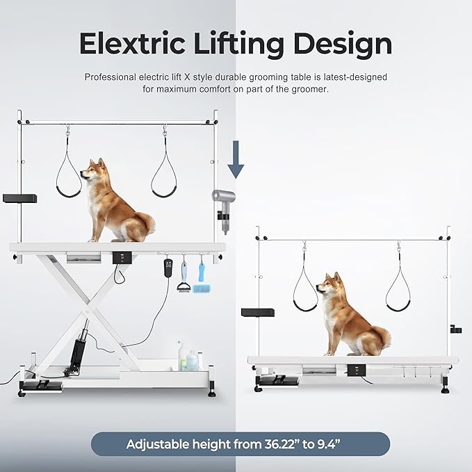 SoarFlash 49.6” Electric Lift Pet Dog Grooming Table,Heavy Duty Electric Grooming Table for Dogs&Cats,Heavy Duty Height Adjustable with Overhead Arm, Clamps, Two Grooming Noose
