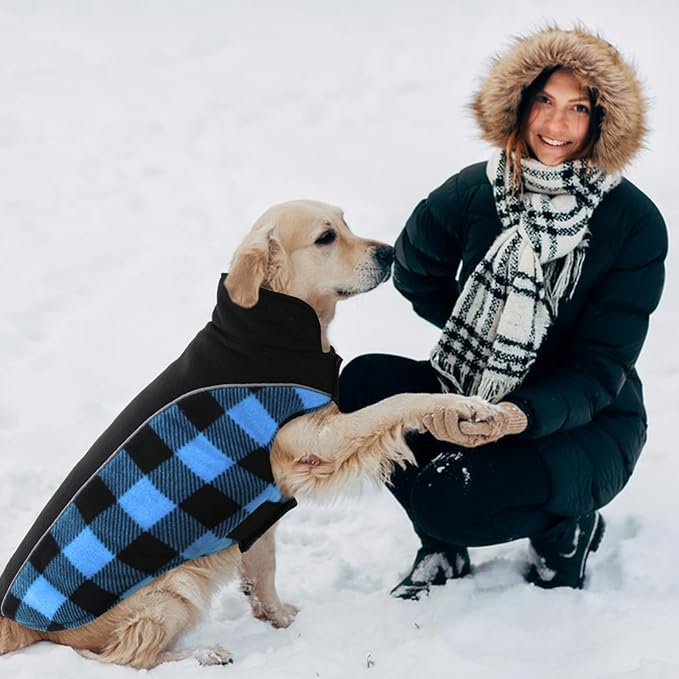 Kuoser Dog Winter Coat, Reversible Waterproof Dog Jacket with Reflective Strip, Warm Dogs Fleece Vest Adjustable Doggy Cold Weather Clothes Plaid Christmas Outfit Pet Apparel for Large Dogs, Blue L