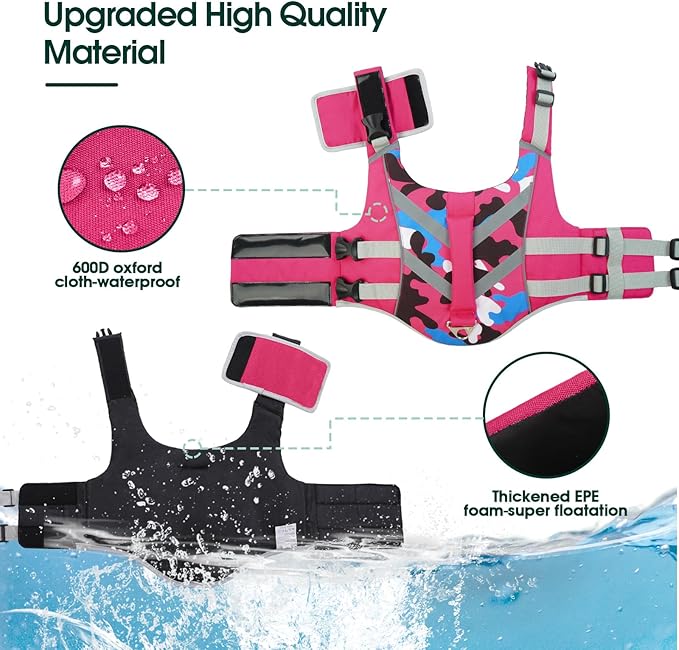 Kuoser Dog Life Jacket with Reflective Stripes, Dog Life Vest for Swimming Boating, Adjustable Pet Lifejackets with High Flotation, Doggie Swimsuit for Small Medium Large Dogs
